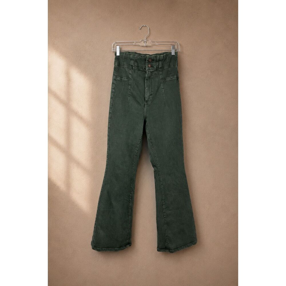Free People Sz 32 Jayde Flare Leg Jeans Dark Green High Rise Bell Bottom
